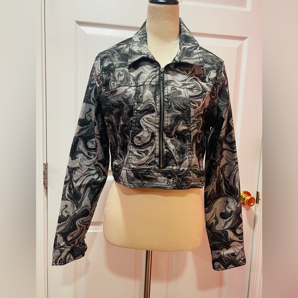 BDG Black and Gray Bomber Jacket with Modern Swirl Design